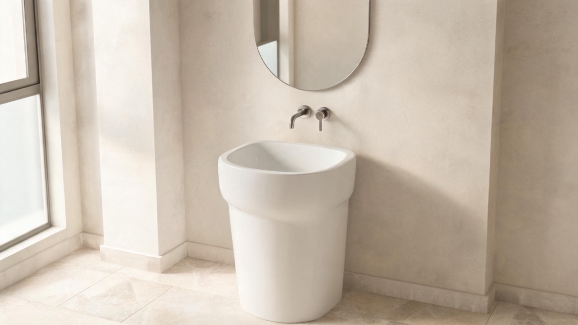 Seamless Pedestal Basin In Minimalist Bathroom Seamless Pedestal Basin In Minimalist Bathroom