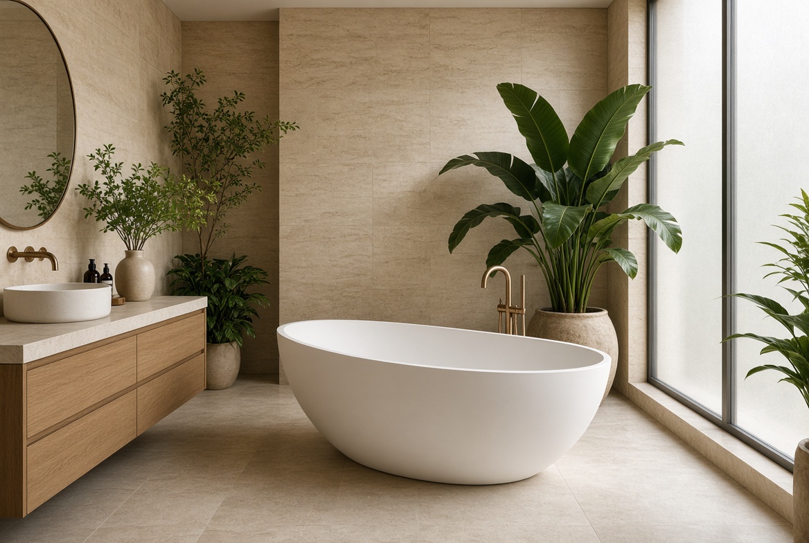 Luxury Biophilic Bathroom With Freestanding Bathtub Luxury Biophilic Bathroom With Freestanding Bathtub