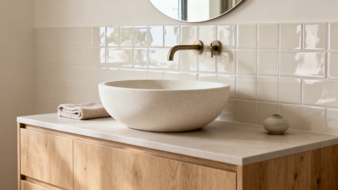 Matte Stone Basin With Glossy Tile Backsplash Matte Stone Basin With Glossy Tile Backsplash