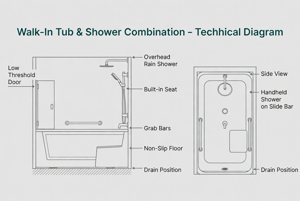 Walk In Tub Shower Technical Diagram