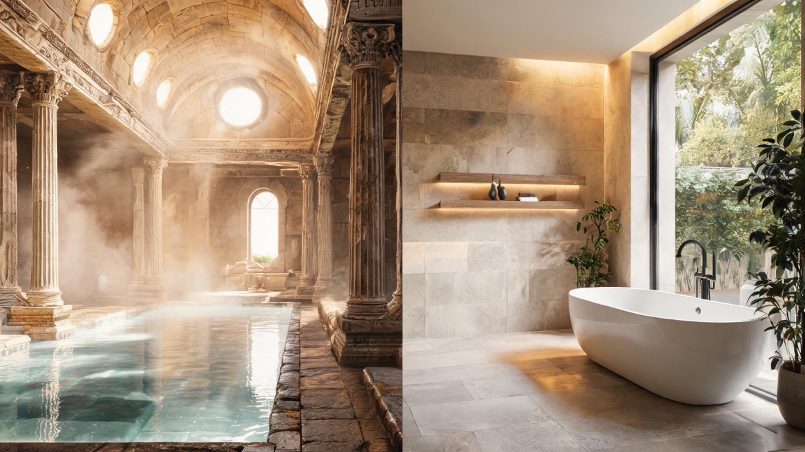 Roman Bathhouse And Modern Wellness Bathroom