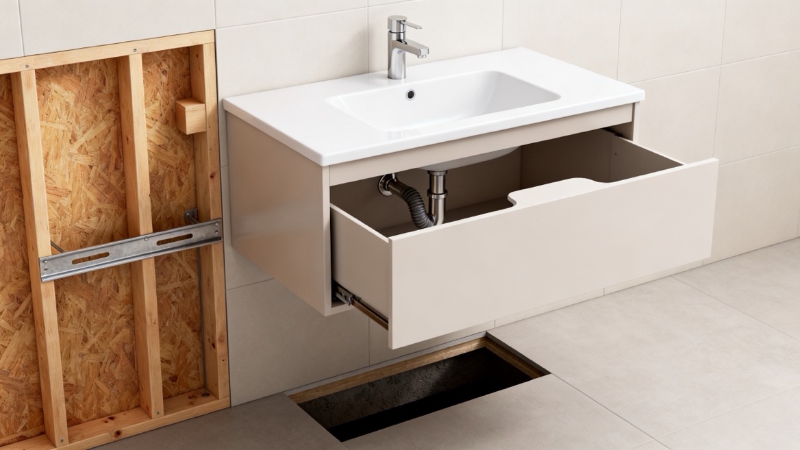 Floating Vanity Installation Cutaway Floating Vanity Installation Cutaway